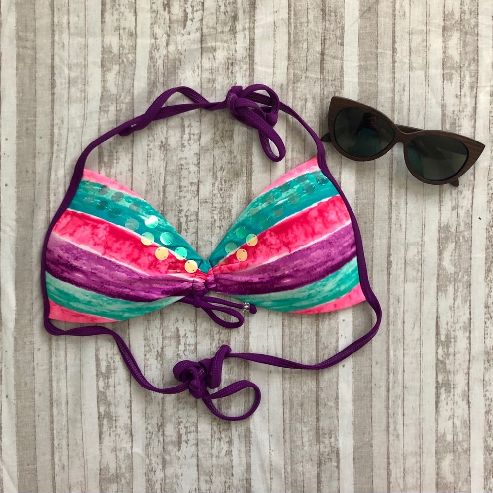 Arizona Jean Company Purple, Pink, Teal Striped Bikini Top